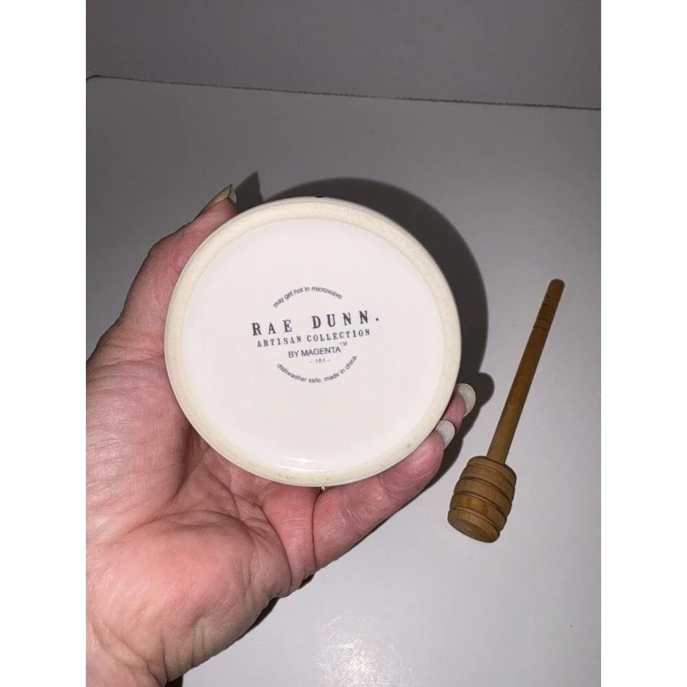 Rae Dunn Honey Pot with Bee Lid & Wooden Dipper Artisan Collection by Magenta 5”